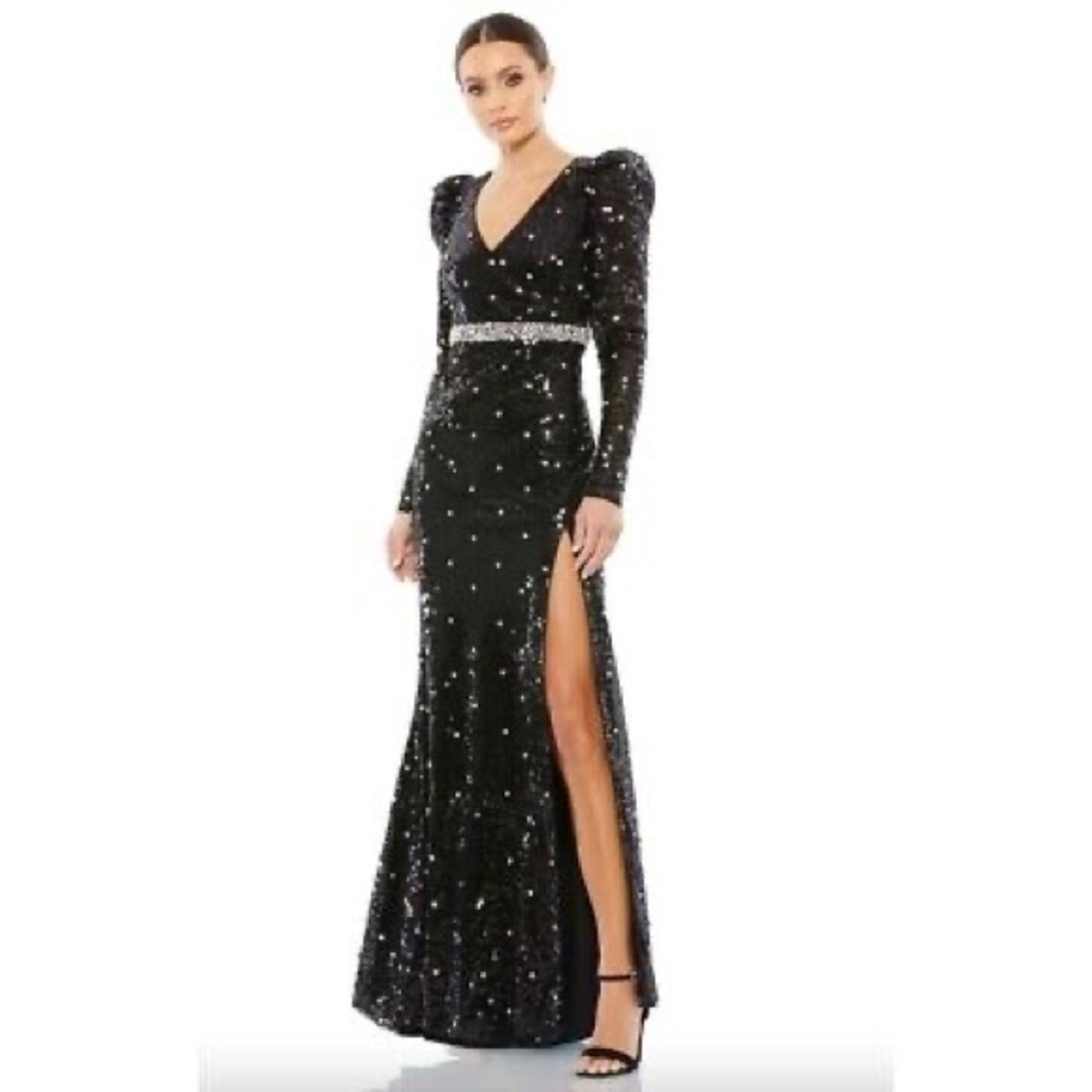 NWT Macduggal black silver sequin evening gown size 2